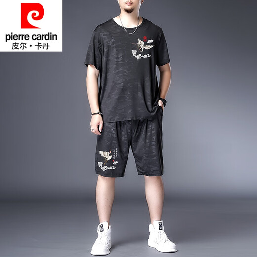 皮尔卡丹品牌高档男装220斤胖子套装肥佬冰丝速干T恤男胖子加肥加大码男装夏季休闲运动短袖短裤套装 黑色9922套装 收藏加购优先发货 2XL