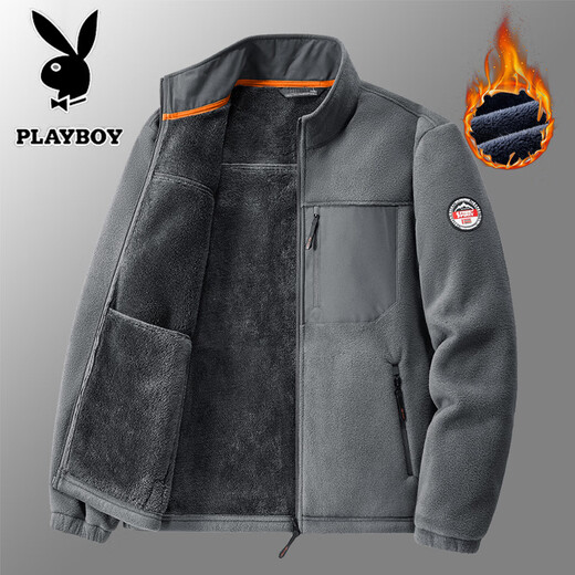 Playboy (PLAYBOY) Jacket Men's Autumn and Winter Plus Velvet Thickened Stand Collar Warm Loose Casual Jacket Khaki XL