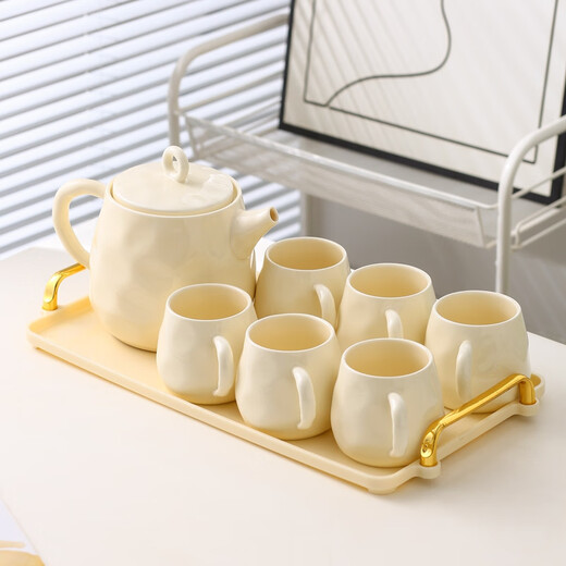 Light luxury household water set with tray, ceramic set, cup, family set, living room teacup, tea set, flower teapot, milky white, 1 pot, 6 cups + tray
