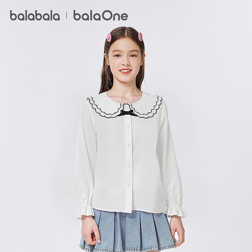 Balabala children's clothing girls white shirt long-sleeved autumn college style top lapel ruffled thin clothes sweet original white 10101 140