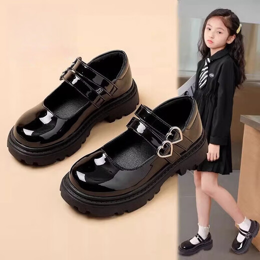 Xianzheyi Girls' Leather Shoes 2024 Spring and Autumn New Children's Performance Shoes Black Dance Shoes Princess Shoes Middle-aged Girls' Shoes Black Patent Leather Choose Inner Length According to Foot Length