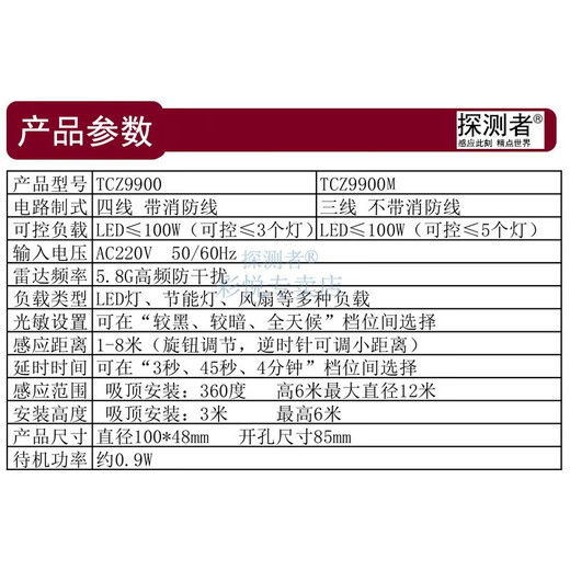探测者雷达感应开关器TCZ9900物体移动自动感应嵌入车库过道楼梯 TCZ9900可控3个灯 带线