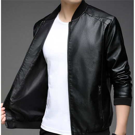 Bisi Yang Haining leather jacket men's spring and autumn jacket middle-aged and elderly winter velvet men's leather jacket loose daddy wear baseball uniform - black spring and autumn singles M - recommended weight 90-120 Jin Jin is equal to 0.5 kg