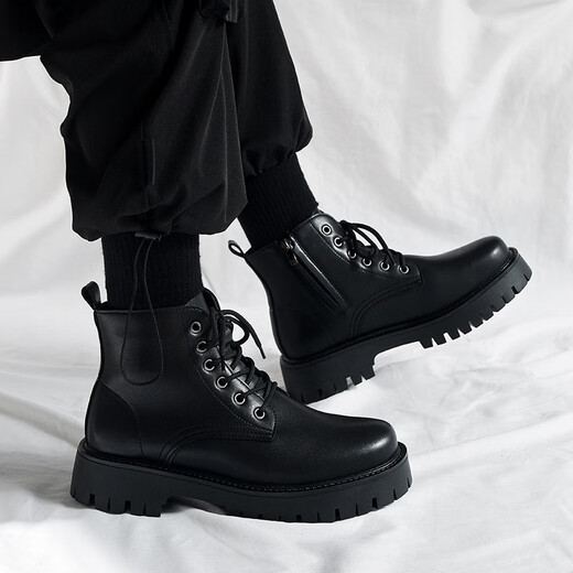 Yushang Zhenpin Martin Boots men's spring high-top British style casual leather shoes work shoes retro thick-soled short boots outdoor work boots black-41