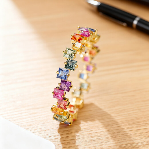 Private jewelry, natural colored gemstone 1.55 carat rainbow sapphire ring, 18K gold fashionable small sugar cube ring, rainbow color (18K yellow), ring number can be customized