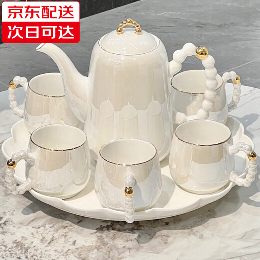 Ruishun wedding gift, light luxury high-end tea set, wedding gift, water cup, household teapot, housewarming gift, pearlescent tea set (6 cups, 1 pot, 1 tray) gift box