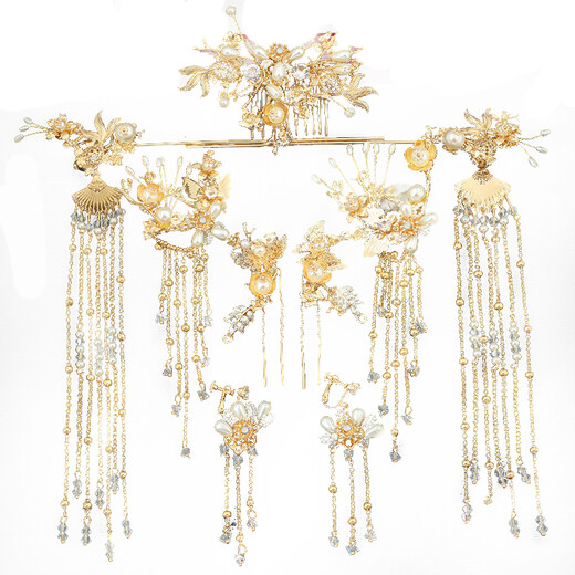 Super fairy Hanfu headdress set, tassel phoenix crown, Xiapei hair accessories, Xiuhe suit, golden costume and ancient style accessories