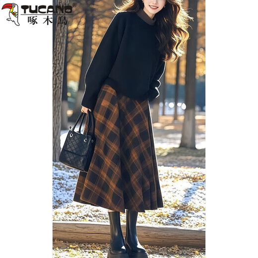 Woodpecker (TUCANO) enters winter with a complete set of 2025 new style ladies' contrasting color sweater plaid skirt age-reducing suit for women top + skirt XL recommended 120Jin Jin equals 0.5kg -145Jin Jin equals 0.5kg within