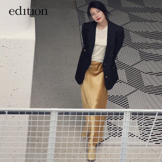 edition【高圆圆同款】西装外套春新款复古戗驳领黑色羊毛精纺女绅士 黑色K01 S (160)