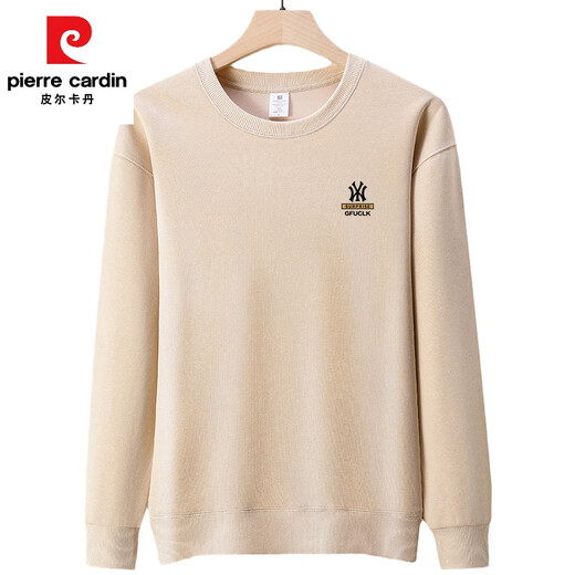 皮尔卡丹（pierre cardin）加绒加厚保暖纯棉卫衣男士新款圆领宽松长袖T恤男春秋冬款打底衫 加绒888-1米色 175/XL135-150斤