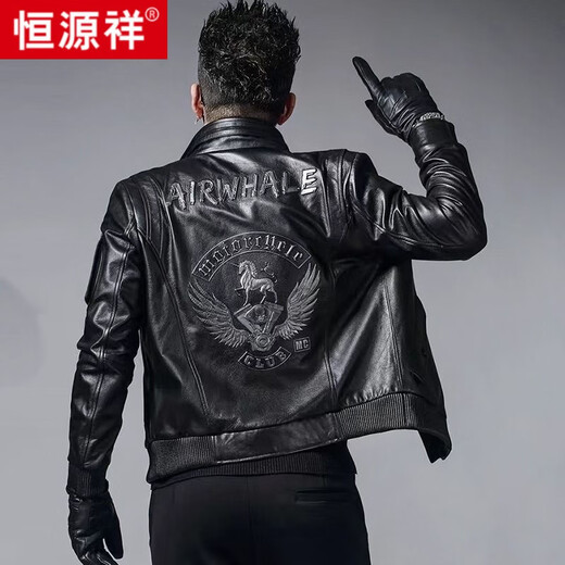 Hengyuanxiang head layer genuine leather leather jacket men's handsome motorcycle slim leather jacket spring and autumn short stand collar flight suit black plush XL 175 suitable for 130-145Jin [Jin equals 0.5 kg]
