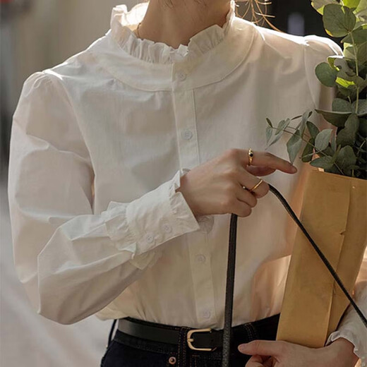 Shimmer shirt women's white lace collar 2025 new early autumn temperament shirt literary and versatile French shirt long-sleeved top lace shirt white M