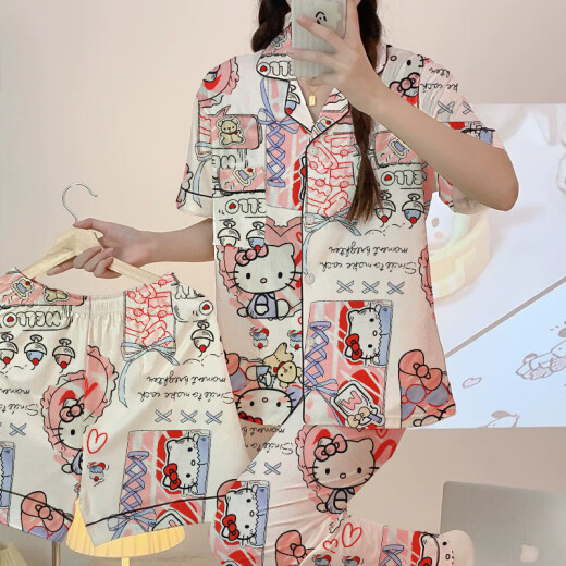 Ins style three-piece set high-value HelloKitty new pajamas women's cartoon spring and summer home clothing set KK14108 M [recommended 80-100Jin [Jin equals 0.5 kg]]