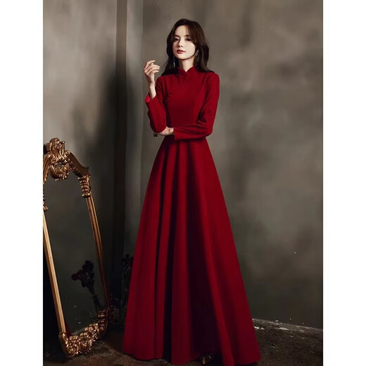 Seidler Chinese Cheongsam Toast Wear 2025 New Bridal Autumn and Winter Burgundy Long Sleeve Velvet Long Wedding Dress for Women Burgundy M (Recommended 96-105 Jin Jin equals 0.5 kg)