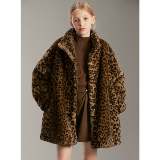 ELLE KIDS children's clothing yellow brown eco-friendly imitation fur jacket for girls winter new old money style leopard print coat leopard print color 165 (M)
