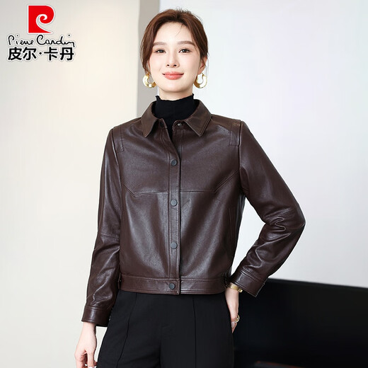 Pierre Cardin Haining Genuine Leather Jacket Women's Maillard Sheepskin Short Jacket High-end Retro Light Oil Wax Jacket Motorcycle Wear Trendy Brown M 90Jin Jin is equal to 0.5kg -105Jin Jin is equal to 0.5kg