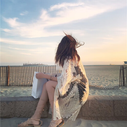 DK seaside sun protection clothing beach cardigan swimsuit shawl blouse hot spring mesh jacket blouse outer wear white