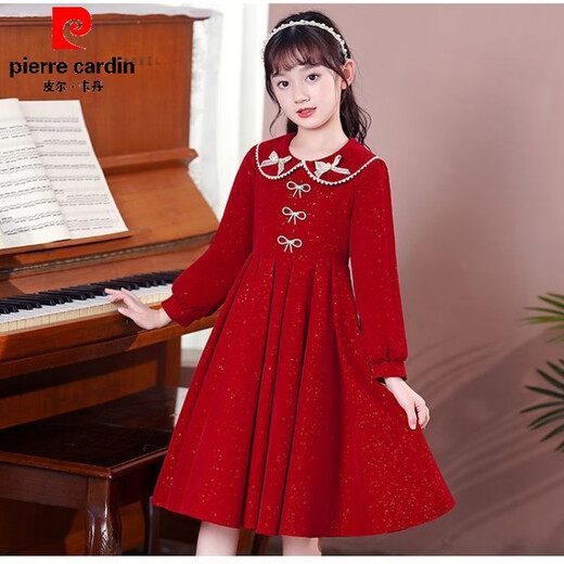 Pierre Cardin girls' dress autumn and winter 3~14 years old girls fashionable red princess dress autumn velvet children's dress red L1051# 160