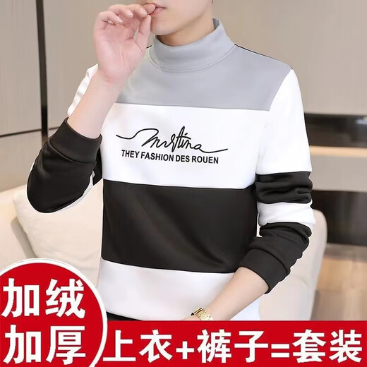 Lianshurou thermal underwear men's velvet thickening suit/tops young students thermal clothing slim half turtleneck autumn clothes long trousers half turtleneck velvet suit English khaki + black pants XL 120-135Jin Jin equals 0.5 kg