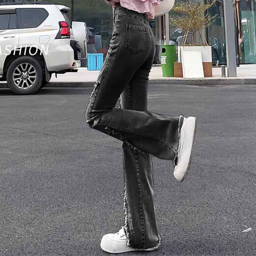 Mu Yilin Jeans für Frauen im Frühling und Herbst Neues schwarzes Grau leicht ausgestattet Hochtütig Slim Nischendesign Slim Woll Flared Hosen 677 Black Grey 30