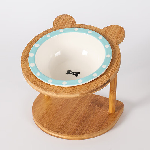 CLCEY Ceramic Cat Bowl Rack Protects Cervical Vertebral Anti-Black Chin Small Dog Anti-Slip Anti-Tip Teddy Adjustable Height Dog Bowl Blue Side Bone Bowl + Single Bowl Rack