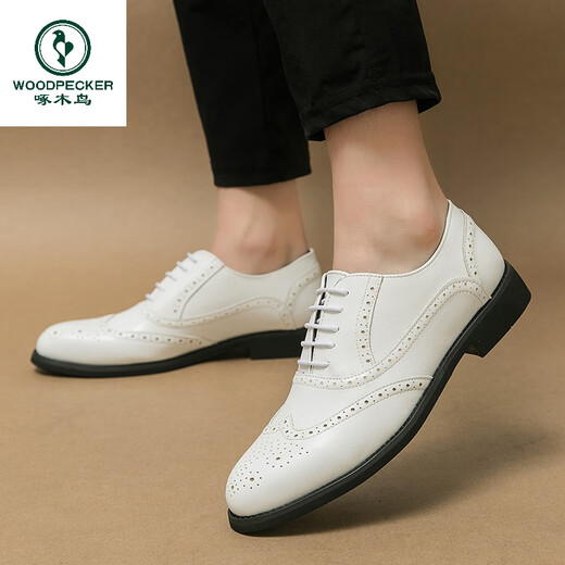 Woodpecker white leather shoes men's Brock Studio wedding photography wedding shoes party team performance shoes 48 large size shoes 679 white 40