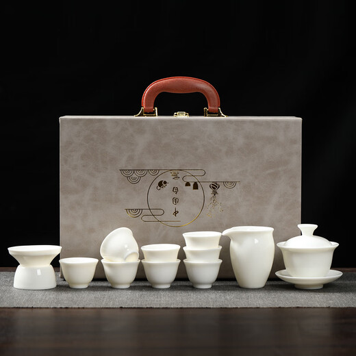 MULTIPOTENT Complete Kung Fu Tea Set Chinese White Mutton Fat Jade Porcelain Ceramic Tea Set Gift Box White Porcelain 13-Head Gift Box Set