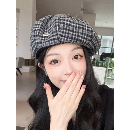 Kaximu octagonal beret for women with big head circumference and small face, retro plaid British style pumpkin hat for women painter hat, retro beret, black and white, gray, one size fits all 56-58CM