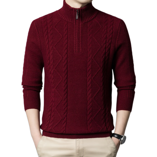 Hengyuanxiang 100% pure wool men's half-high zipper high collar thickened and warm middle-aged and elderly knitted sweater base cardigan for men burgundy XL recommended 140-160Jin Jin equals 0.5 kg