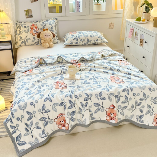Red Bean Blanket Thick Autumn and Winter Single Bed Office Sofa Plush Single Blanket Milk Velvet Nap Blanket Plus Velvet Blanket Pad Blue Leaf Bear Double-sided Velvet/Treadable and Coverable 70*100cm Single Baby Blanket