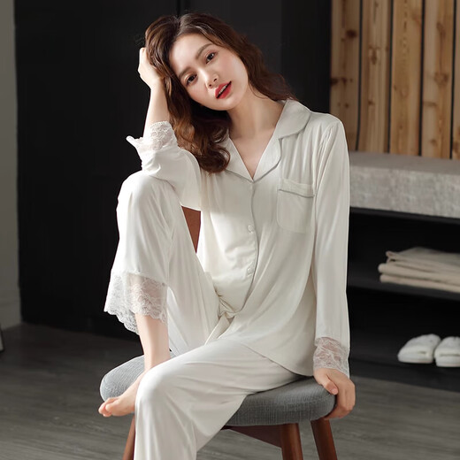 Modal Pyjamas für Frauen im Frühjahr und Herbst Modal Baumwolle Langschläfe Sommer-Dünnstil Plus-Size-Strickjacke Baumwollseide Zwei-teilige Heimkleidung M6624 SHA Xing M Code (Empfohlen 80-100 Jin [Jin gleich 0,5 kg]))