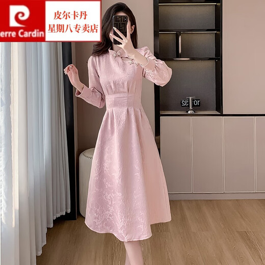 Pierre Cardin (pierre cardin) cheongsam sweet cool style new Chinese style improved dress women's spring wear 2024 new waist style a-line mid-length skirt pink XL