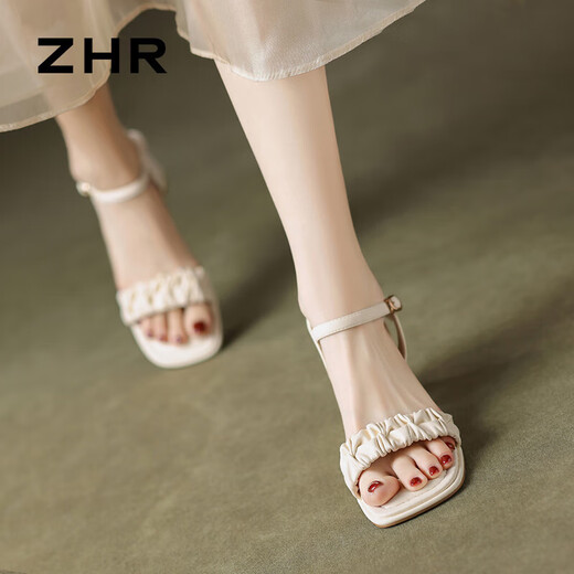 ZHR凉鞋女夏季粗高跟简约通勤方头女鞋一字带鞋子女 Y756 米色 38 