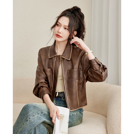 TERRE BLEUE Fashion Autumn Clothing 25 New Retro Motorcycle Leather Jacket Lapel Loose Sweet Cool Maillard Cardigan Jacket