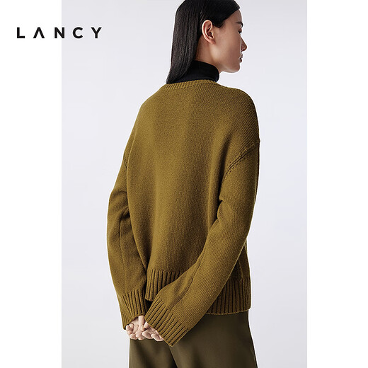 LANCY Wool Cashmere Winter New Retro Relaxed Round Neck Knitted Sweater Short Sweater Women Khaki Green M
