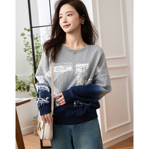 Demana Fashionable Gradient Casual Sweatshirt Spring and Autumn Cotton Round Neck Loose Slightly Elastic Sweatshirt Women's Top Heather Gray L