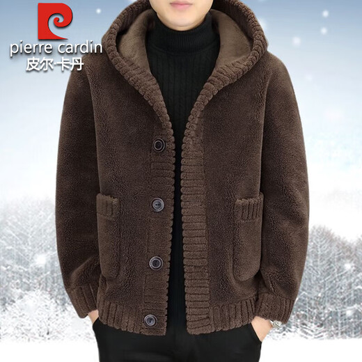 Pierre Cardin sherpa jacket men's autumn and winter new style plus velvet thickened wool warm hooded jacket coat men's coat plus plush lining plus wool gray 2XL recommended 130-145Jin Jin equals 0.5 kg