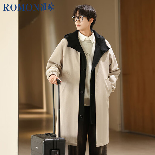 ROMON men's windbreaker mid-length high-end hooded fake two-piece windbreaker coat autumn and winter thickened men's coat apricot 2XL