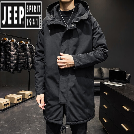 Jeep (JEEP) autumn and winter men's mid-length windbreaker men's thickened parka coat plus cotton hooded loose two-cotton jacket trend Military green S loose fit is large
