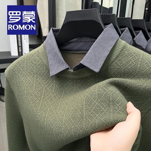 罗蒙（ROMON）假两件衬衫领毛衣男士秋冬新款加厚保暖套头打底针织衫男外穿线衣 【常规款】深灰 3XL码