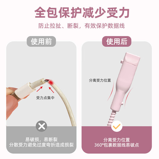 HAPPYMAKER data cable protective cover, universal for Android and Apple phones, Huawei, Xiaomi, vivo OnePlus ACEpro3 all-inclusive data cable, anti-breakage winding rope silicone mobile phone case, Android data cable protective sleeve at both ends, light pink, with dustproof plug