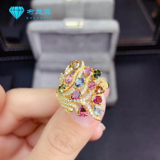 Xinheming Tourmaline Ring Girls Light Luxury Ring New Product Brazilian Women's S925 Silver Exquisite and Attractive Multi-grain Candy Color Fresh and Hao Tourmaline Ring Color
