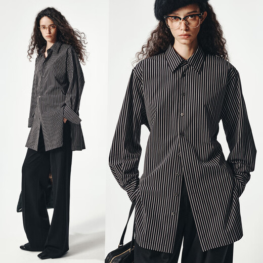 IN YASAKO metropolitan yarn-dyed striped large-size drawstring jacket-like shirt New York black and gray stripes (pre-10.12-10.19) S