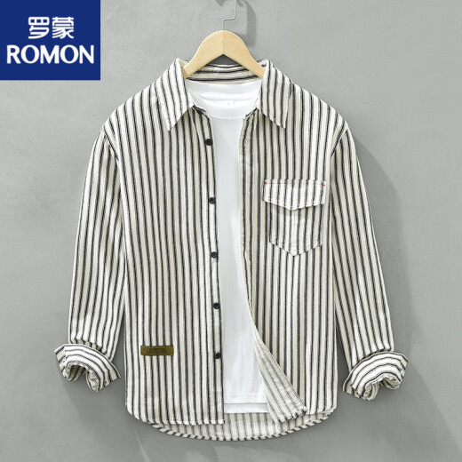 罗蒙（ROMON）长袖条纹衬衫男休闲痞帅衬衣2025新款潮流时尚青少年牛仔外套 9766短 袖绿色 M