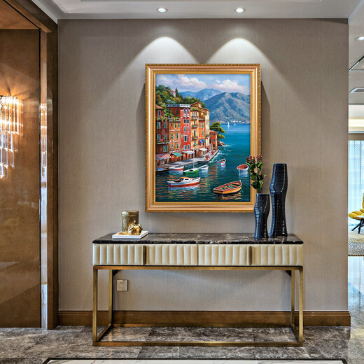 Landschaftsmalerei von Portofino Town, Diqi, Eingang, dekoratives Malerei, handbemaltem Ölmalerei, Korridor, Korridor, hängende Malerei, Esszimmer Wandmalerei 692 Gold Massivholz Rahmen 100x180