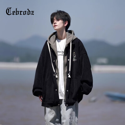 Cebrodz French jacket men's 2025 autumn and winter American fashion brand workwear large size loose casual fake two-piece hooded jacket black XL