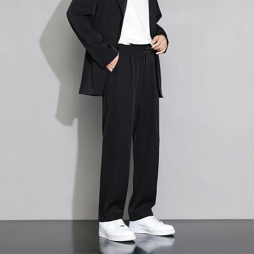 SHANNU casual pants men's autumn and winter velvet thickening drape trendy loose wide-leg straight business suit trousers 819 black high quality XL (recommended 135-145Jin Jin equals 0.5 kg)