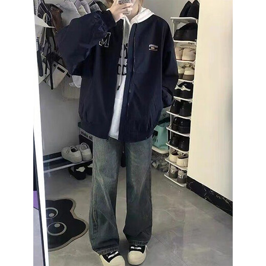 7家优品飞行员夹克男士春秋季新款美式复古高街潮牌宽松棒球服加绒外套男 TMZXF-W694黑色 3XL
