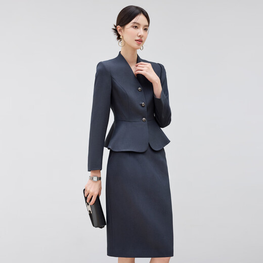 黛维亚2025新青灰色西装套裙女秋气质显瘦酒店前台接待工服珠宝店职业装 藏青色西服+半裙 XL