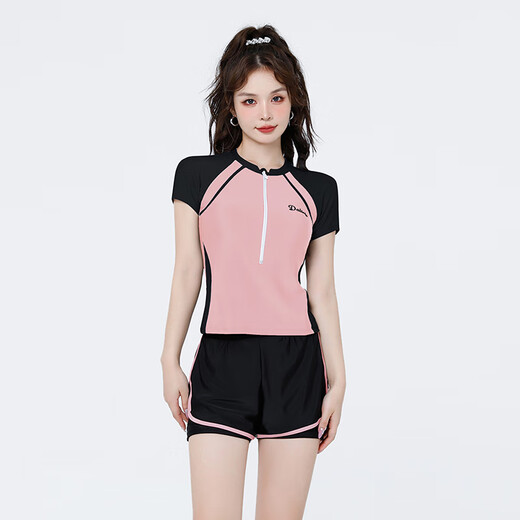梵迪拉（F.DYRAA）泳衣女高级分体短袖温泉保守显瘦游泳馆泳装四件套12034黑粉色L